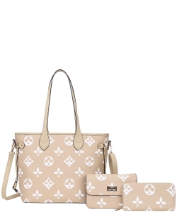 3in1 Print Tote Bag W Crossbody and Wallet Set DH-8091-S NATURAL